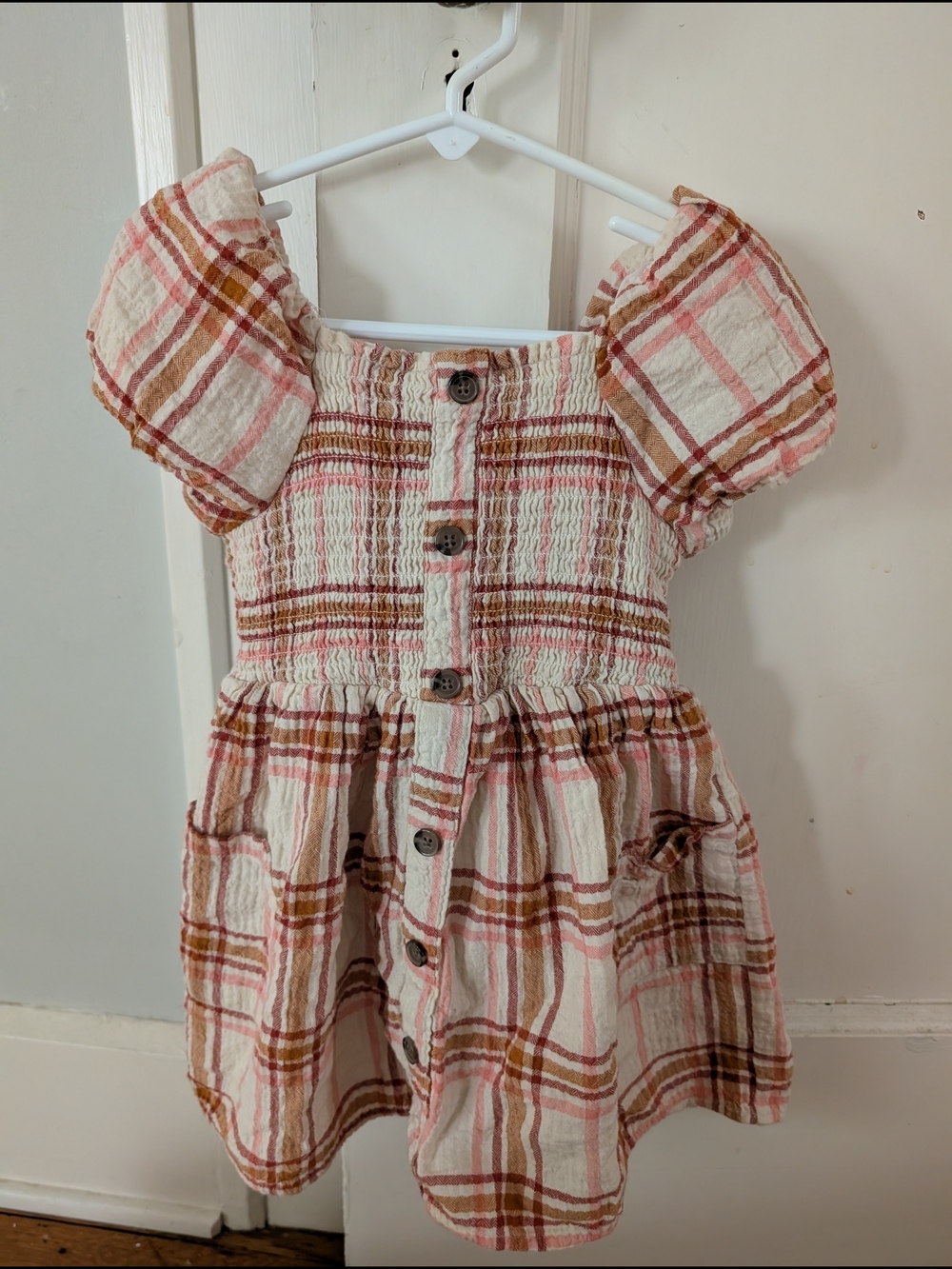 Cat & Jack Pink Cream Plaid Smocked Button Dress